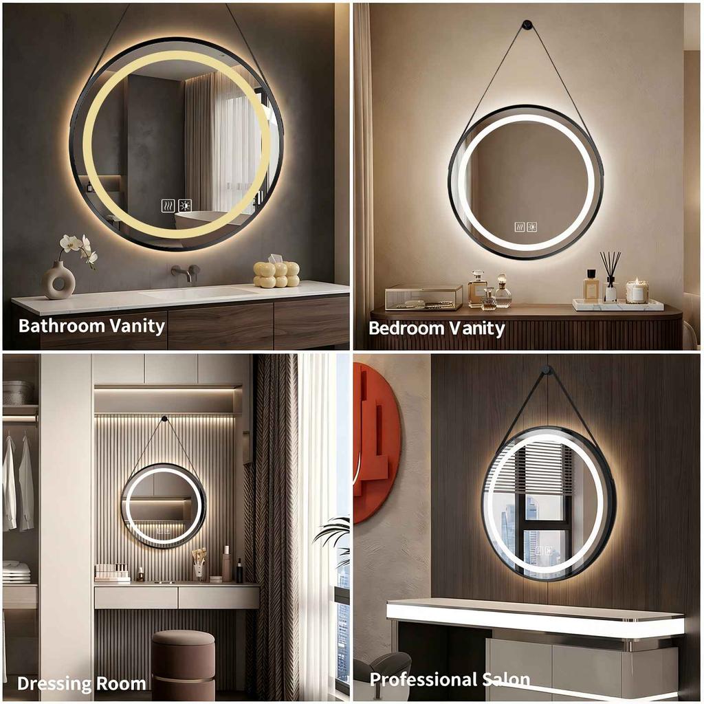 LED Mirror with Black Frame, 3-Color Lighting, 10-100% Dimmable, Anti-Fog, 5mm HD Glass, Touch Sensor, CRI >90
