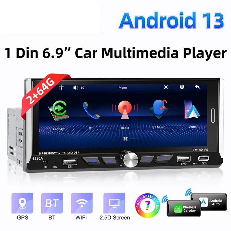 6.9In Android13 Car Radio Black ABS WIFI Bluetooth Carplay Android Auto FM/RDS Car Stereo