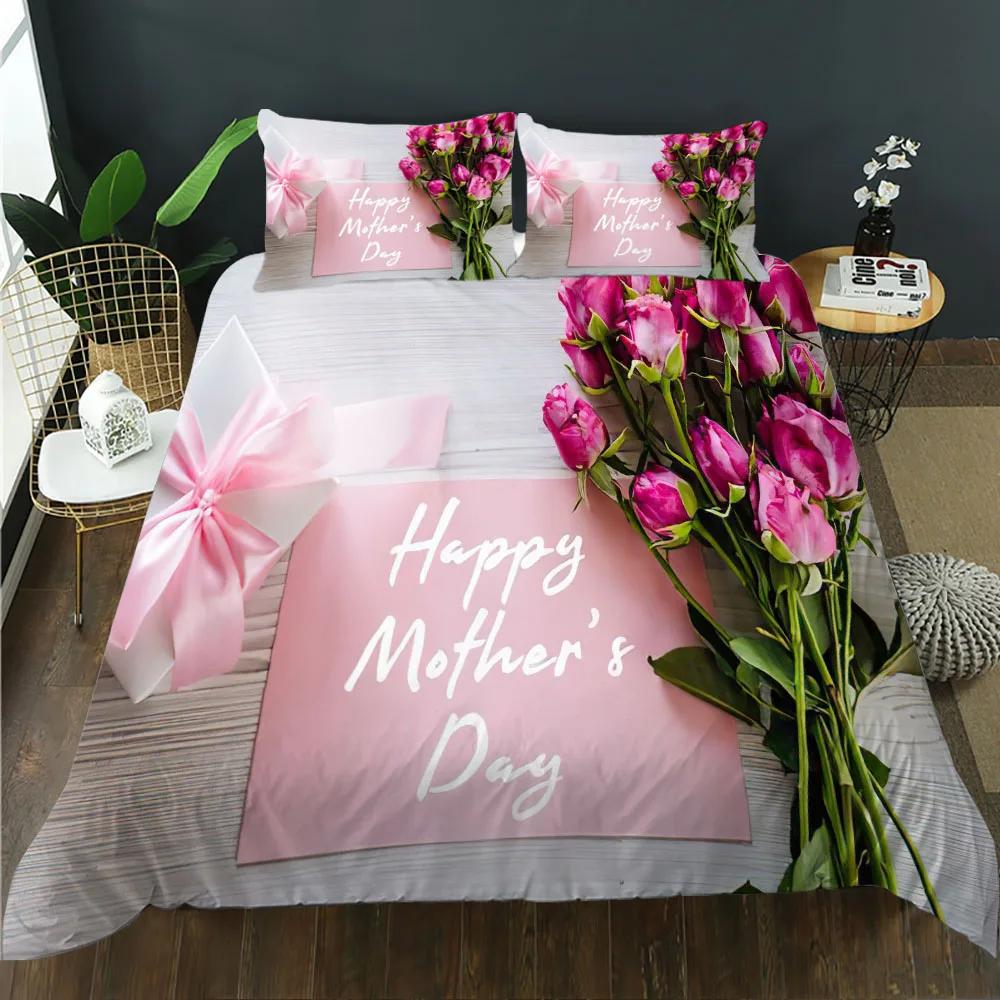 Mother's Day King Queen Duvet Cover Express Love For Mom Wife Bedding Set Colorful Floral Quilt Cover Polyester Comforter Cover