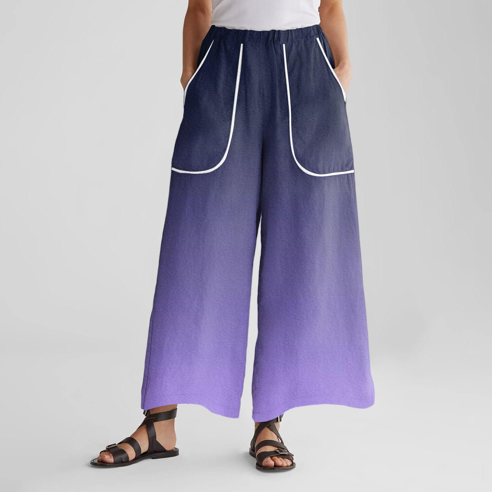 

Женские брюки широкие от бедра с эластичным поясом, с принтом, с большими карманами, с отделкой пэчворк по краю, свободные XXL фиолетовый