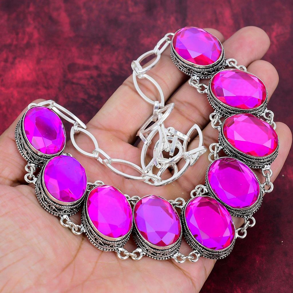 Faceted Pink Topaz Necklace Jewelry, 925 Sterling Silver Gemstone Bracelet, Handmade Adjustable Chain Unique Necklace & Bracelet Jewelry Set