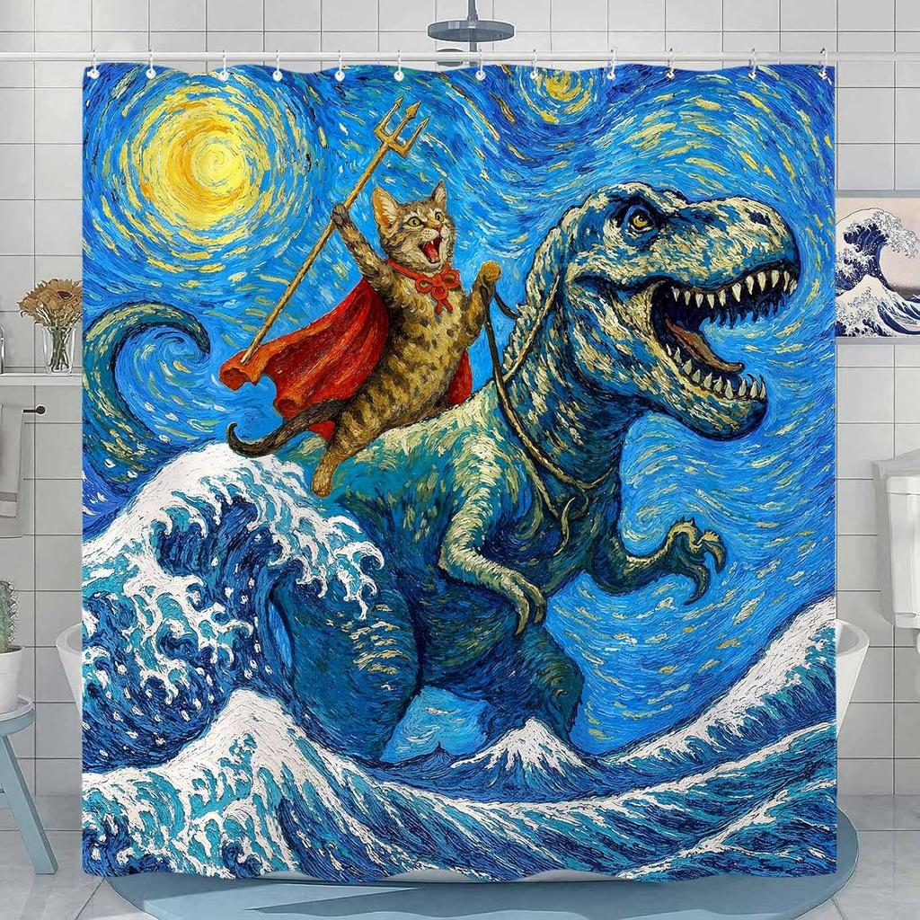 Lustiges Katzen-Duschvorhang-Set Sternenkunst-Stil Dinosaurier-Reiter Wasserdichter Badezimmer-Duschvorhang Humorvolle Tier-Fantasy