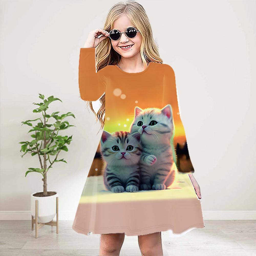 Mädchen Casual 3D Druck süße orange Katze Rundhals Langarm Kleid Kind Prinzessin Kleid