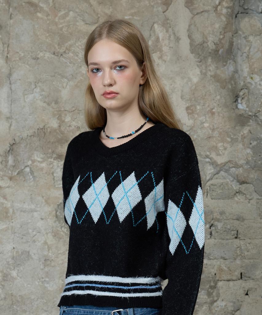 LARTIGENT L13 Argyle V-Neck Knit(Black)
