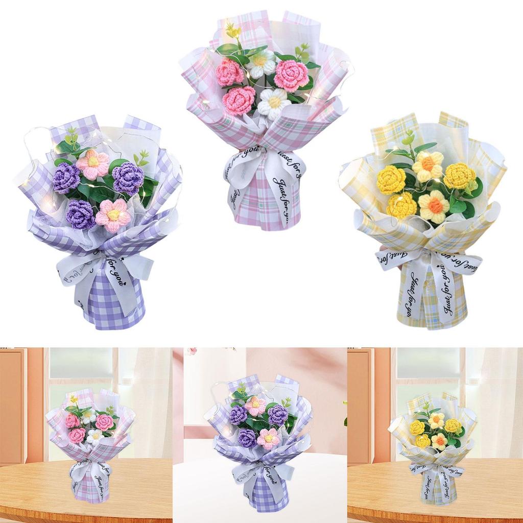 Crochet Flowers Bouquet Decorative with Light Delicate Knitted Bouquet for Anniversary Festival Women Friends Mom