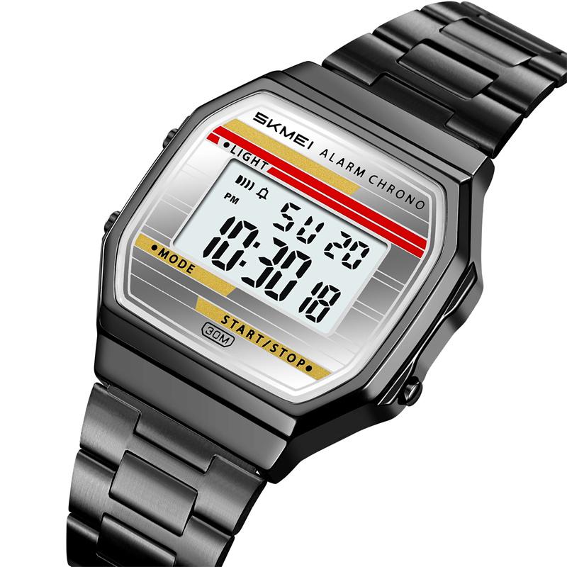 Skmei Classical Style Unisex Digital Watches with Date Week Stainless Steel Strap 12 24 Hour Format LED Waterproof Fashion Time