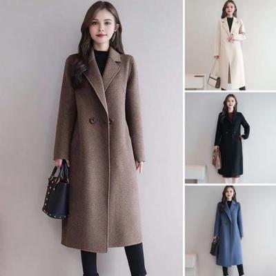 Women Coat Overcoat Double Breasted Turn Down Collar Thermal Jacket Solid Color Pockets Loose Fit Long Sleeved Spring Fall Winter Commuting Dating