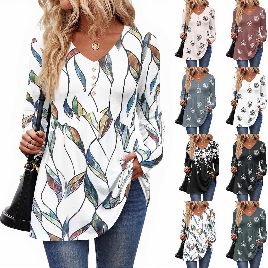 Women's Casual Fashion V-Neck Button Retro Floral Print Long Sleeve Top
