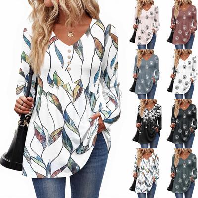 Women's Casual Fashion V-Neck Button Retro Floral Print Long Sleeve Top