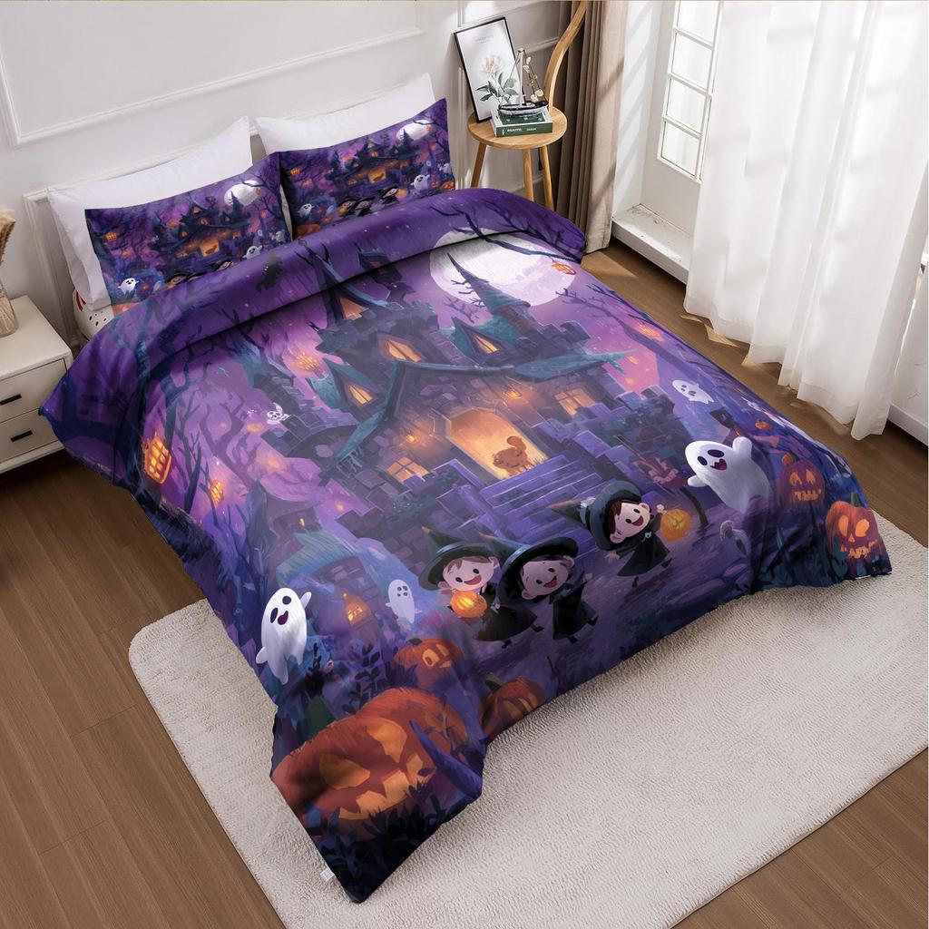 3dílná sada povlaku na přikrývku s halloweenským dýňovým monstrem bez výplně, povlak na přikrývku se 2 povlaky na polštáře, měkký a pratelný v pračce