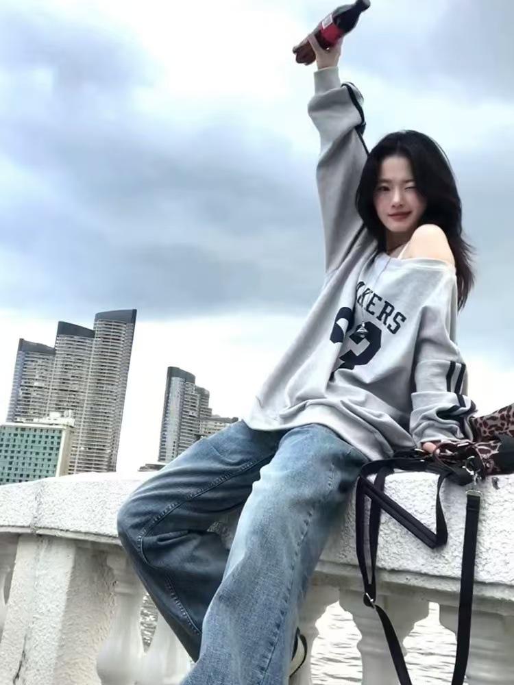 Damen Schräg-Schulter Langarm Retro T-Shirt - Frühling/Herbst 2025