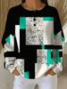 All-print plus size women's round neck buttoned waffle sweatshirt with geometric block print design