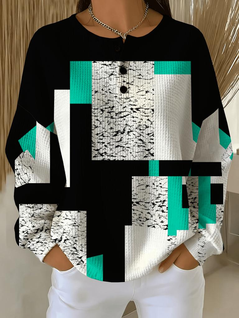 All-print plus size women's round neck buttoned waffle sweatshirt with geometric block print design