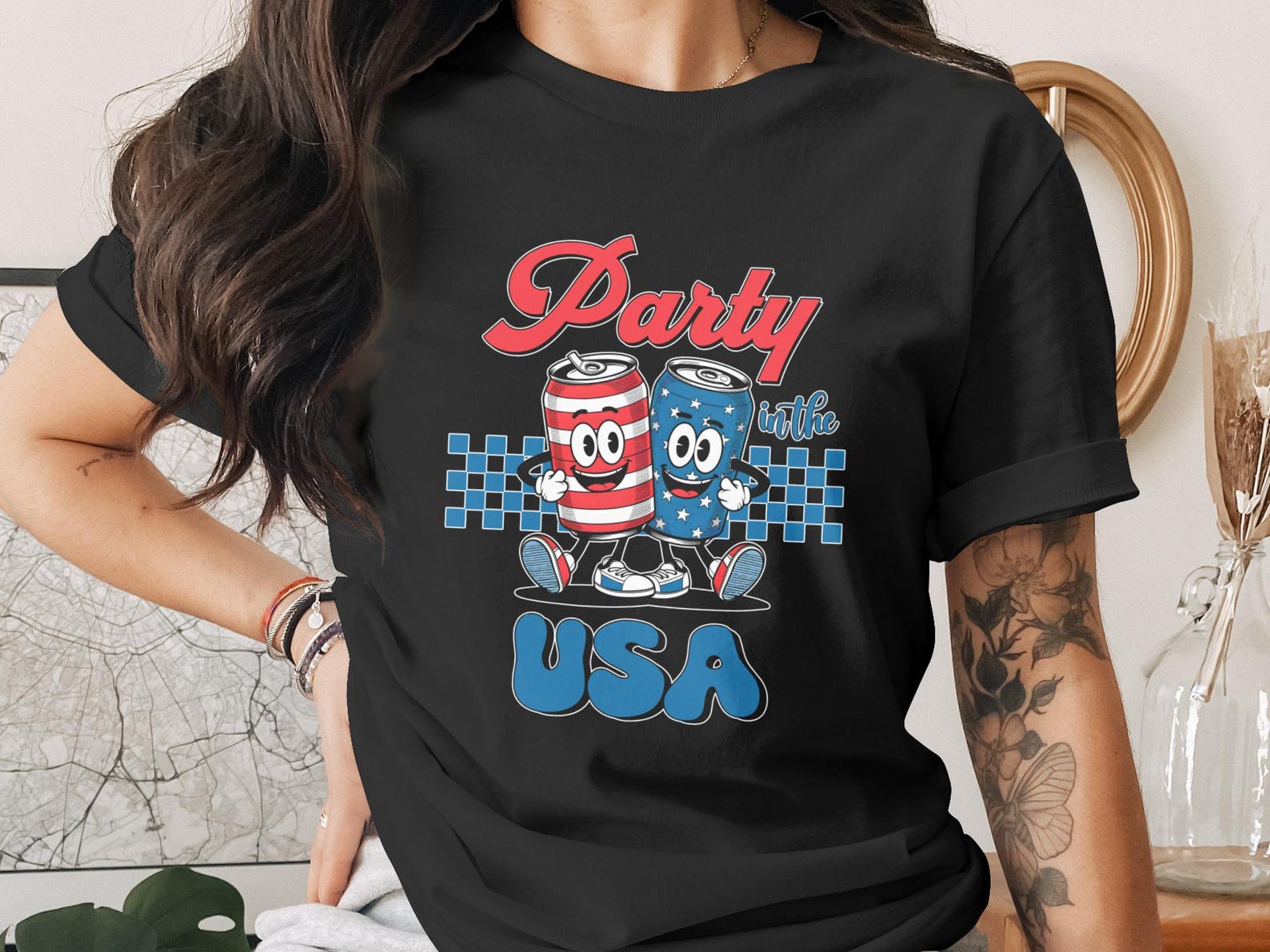Party in the USA T-Shirt, Patriotic 4th of July Shirt, American Flag Summer Party Tee, Fun Retro Cartoon Graphic Design M