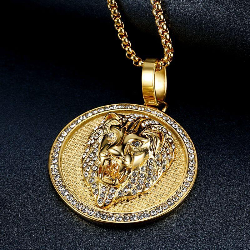 Stainless Steel Titanium Lions Head Luxury Zircon Round Pendant Hip Hop Collar Chains Necklace for Men Women Gift Jewel