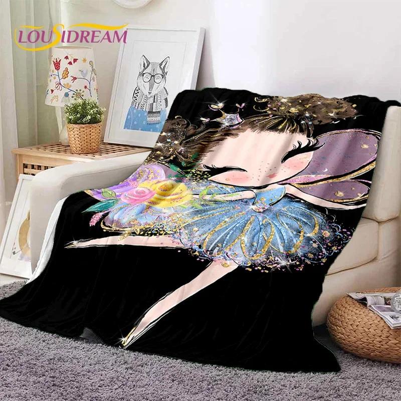 Urocza Dziewczynka Baletnica Wróżka Kreskówkowa Miękki Koc Flanelowy do Łóżka Sypialni Sofy Pikniku, Koc do Okrycia na Zewnątrz Rekreacja Prezent