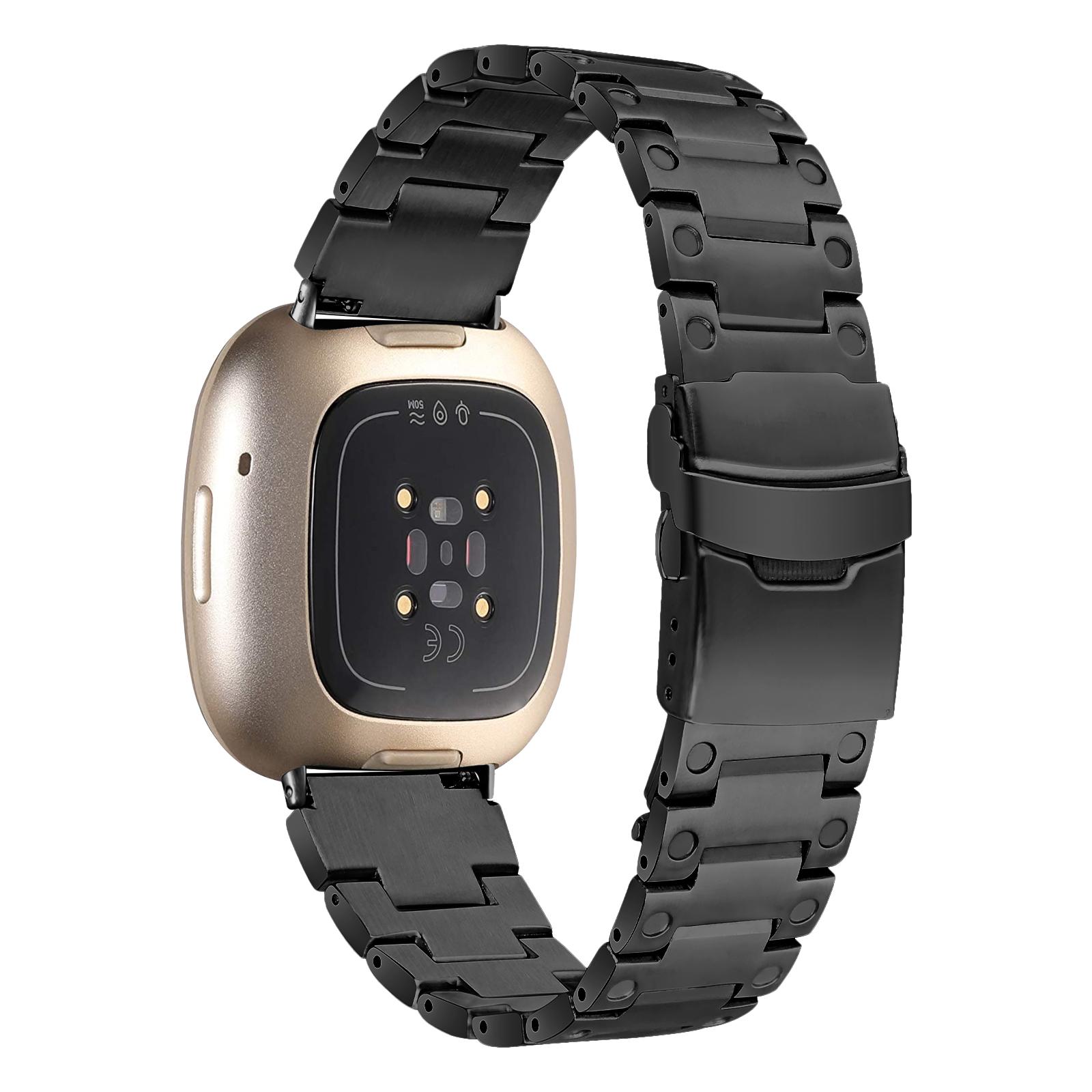 

For Fitbit Versa 3/Sense Watch Strap Three Bead Stainless Steel Wrist Band Replacement Black