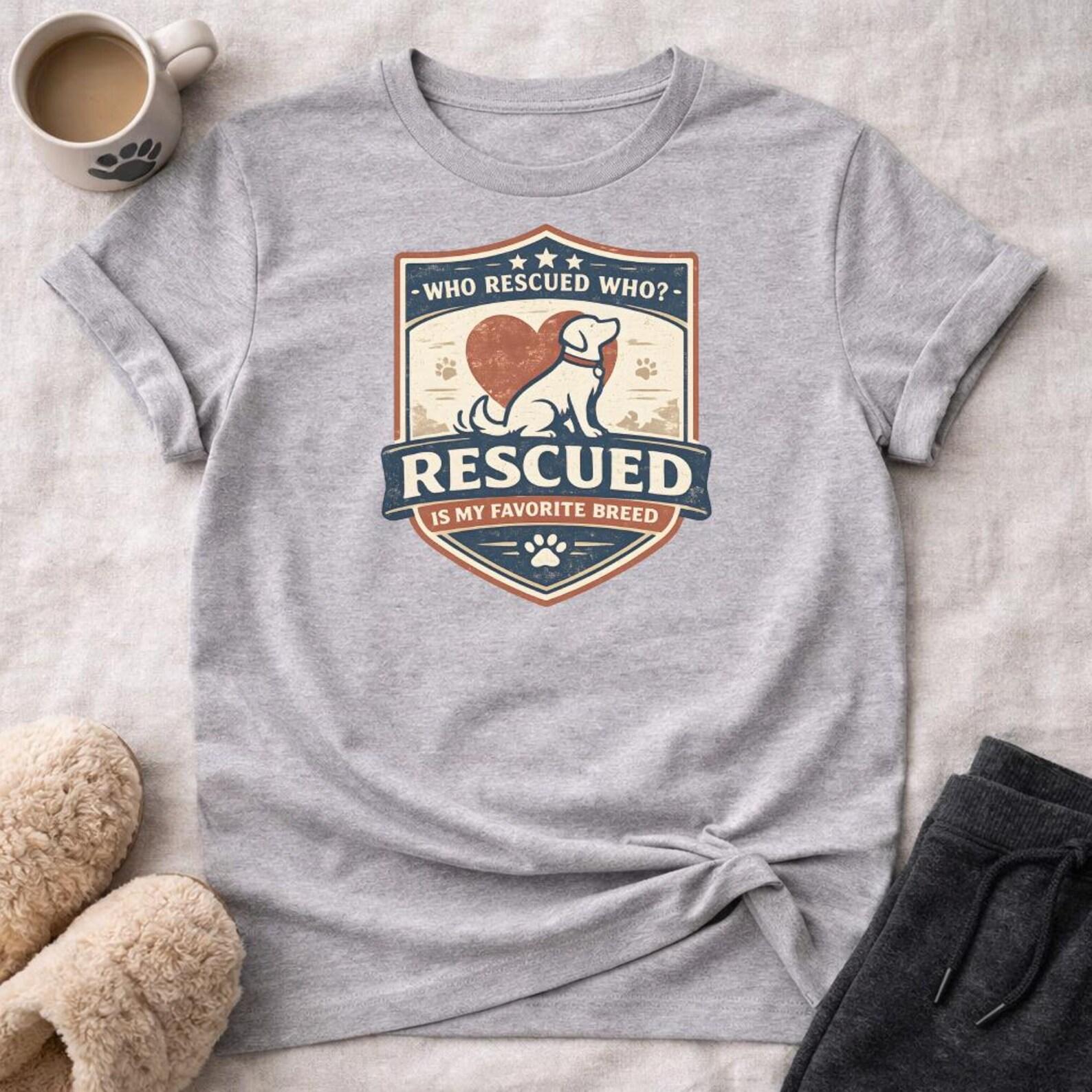 Rescued Is My Favorite Breed T-Shirt, Who Rescued Who Tee, Dog Adoption Gift, Pet Lover Apparel, Paw Print Heart Design 4XL