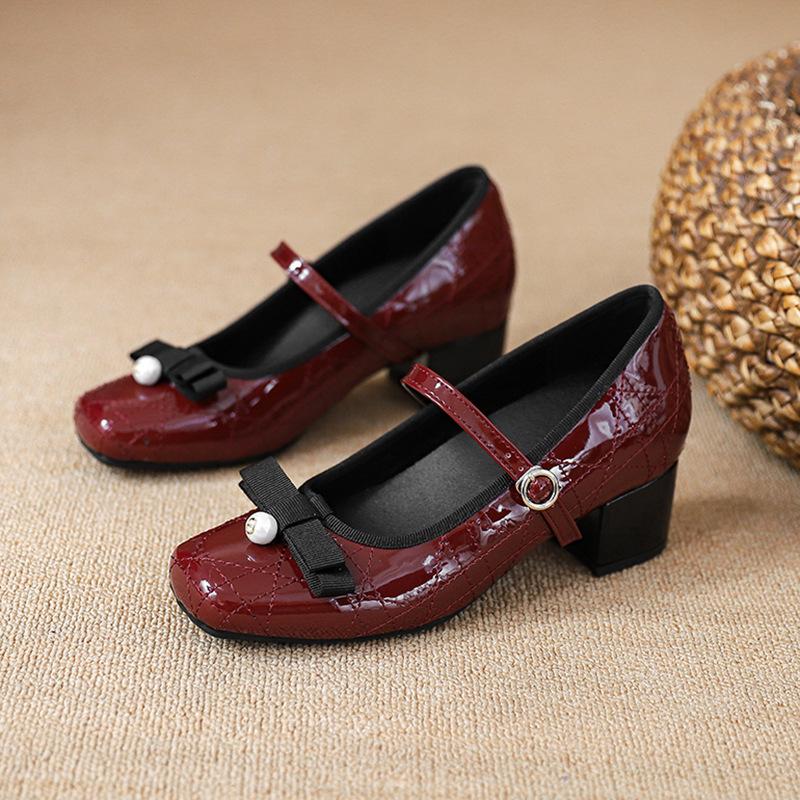 Inner height increase North Island Diary New red bow thick heel Mary Jane shoes women's sweet medium heel high heel
