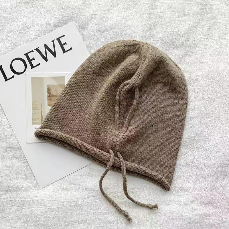 Drawstring Crimping Stack Hat Women's Autumn and Winter Simple Loose Wool Knitted Hat Big Head Circumference Showing Face Small Cold Hat