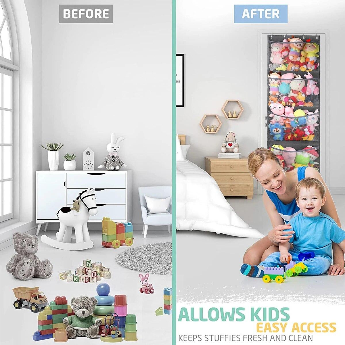 

Сумка для хранения мягких игрушек над дверью, органайзер для вещей в виде животных с 4 большими карманами, подвесные сетчатые сумки для детских плюшевых игрушек