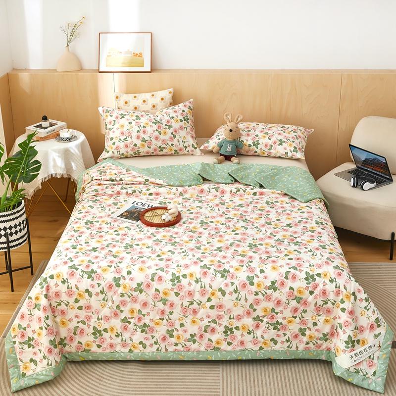 Flowers Style Summer Quilted Quilt 100% Cotton Fluffy Air Condition Thin Quilt Soft Comfortable Thin Blanket Machine Washable