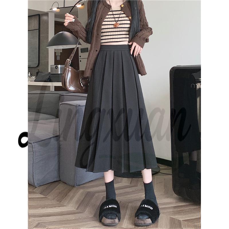 Chic Winter Wool Pleated A-Line Midi Skirt - Plus Size, Age-Reducing, Solid Color