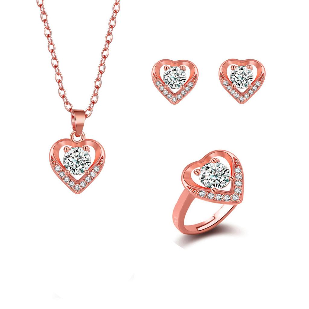 Europäischer und Amerikanischer Stil Vergoldetes Pfirsichherz Schmuckset: Kupfer-Mikro-Inlay Zirkon Ohrringe, Halskette und Ring.