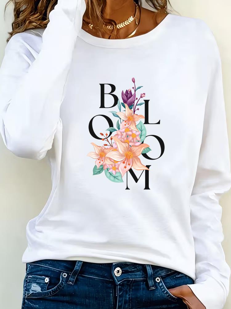(Asian Size) Tee Lady Printed o-neck trend flower lovely Long Sleeve T Shirt Women Female Clothing Casual Fashion Top Graphic T-shirts