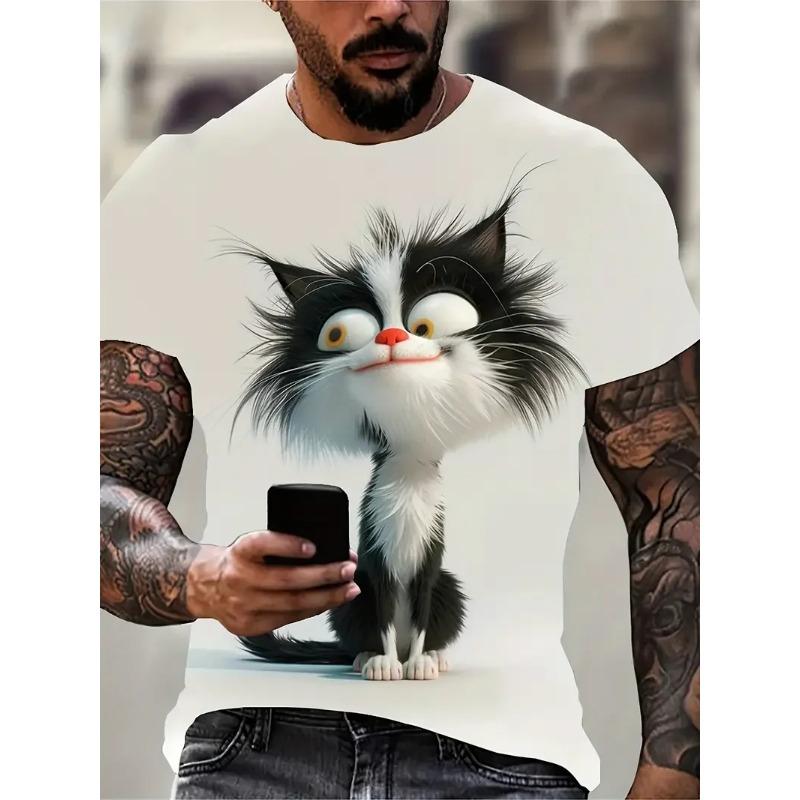 Funny Men's T Shirt Aniaml Cat Print Summer Casual Short Sleeve Tee Street Fashion Crew Neck Pullover Male Oversized Clothing