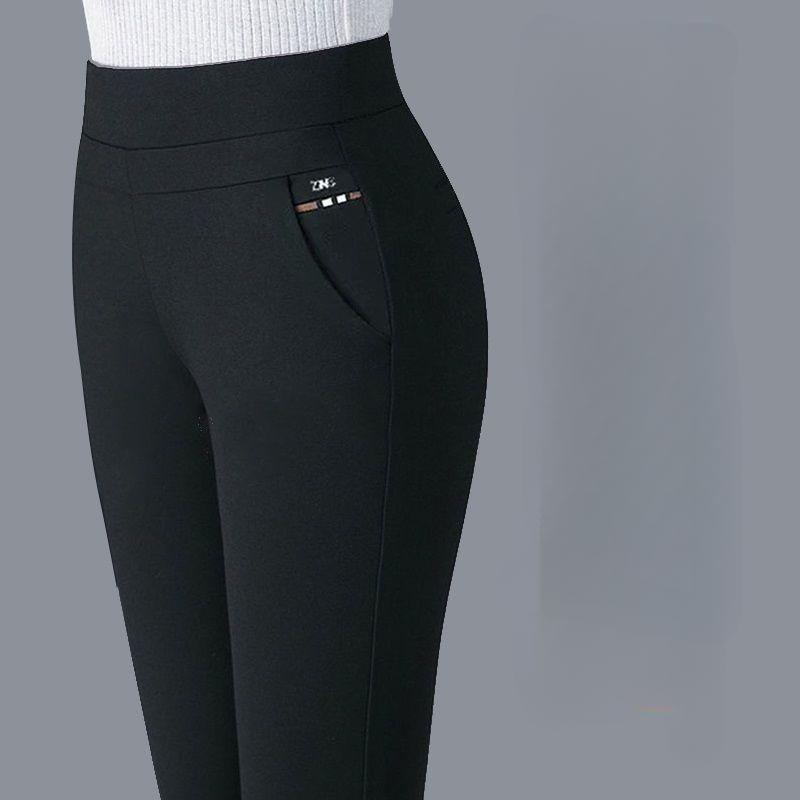 

Весенне-осенние элегантные повседневные эластичные брюки с высокой талией для женщин среднего возраста, женские модные универсальные черные, серые брюки-карандаш M чёрный