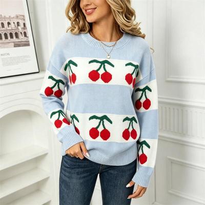 Autumn/Winter 2026 Cherry Jacquard Festive Knit Sweater - European Style Women's Pullover