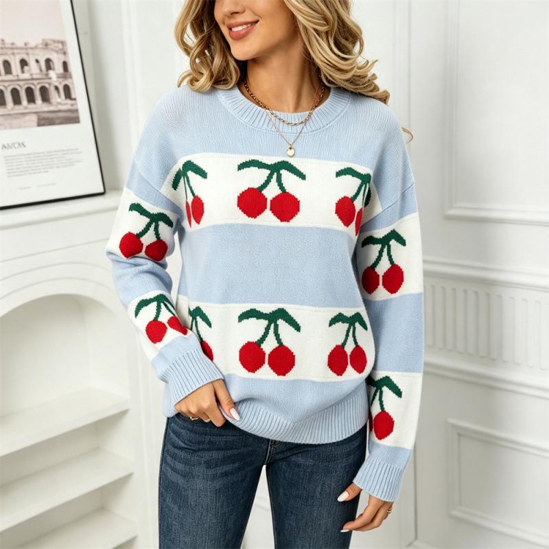 Autumn/Winter 2026 Cherry Jacquard Festive Knit Sweater - European Style Women's Pullover
