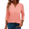 Women's Fashion Casual Color V-Neck Decorative Button Three-Quarter Sleeve T-Shirt Top