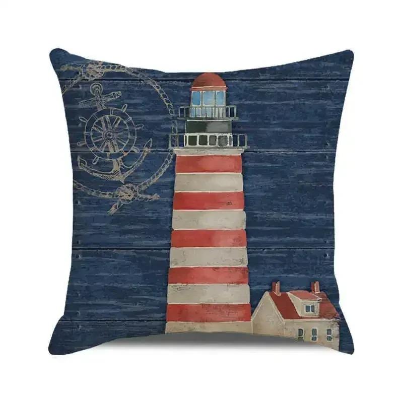 Watercolor Painting Nautical Lighthouse Ocean Seagull Boat Home Sofa Cushion Cover Home Decor Pillowcase