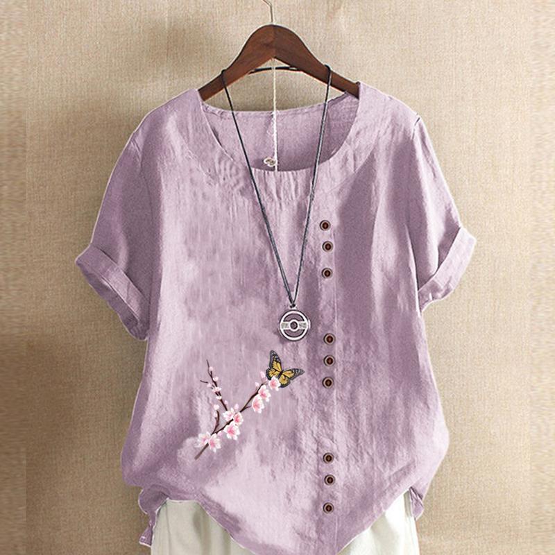Women's Fashion Flowers Prined Short Sleeve T-shirt Loose Cotton Shirt Casual Loose Summer Blouse Tops Plus Size