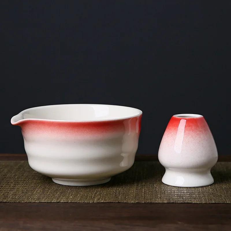 2Pcs Tea Bowl with Pouring Spout and Whisk Holder Matcha Ceramic Bowl for Tea Lovers Matcha Beginner Japanese Matcha Preparation