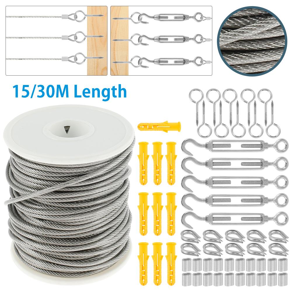 15M/30M Stainless Steel Cable Rope Kit Heavy Duty Garden Wire Cable Railing Wire Fence Roll for Outdoor Tent 304 PVC Coated
