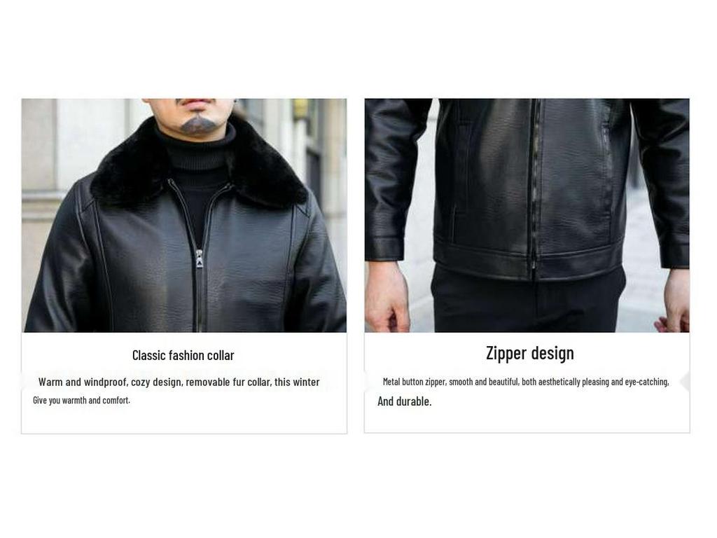 Men's Winter Casual Lapel Leather Jacket with Plus Velvet, Suitable for Middle-aged and Elderly.