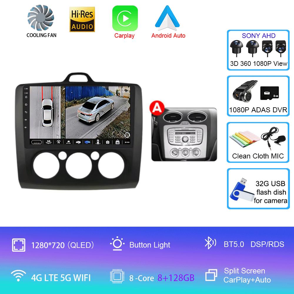 Android 14 Car Radio Autoradio For Ford Focus 2 Mk2 2004 - 2011 GPS Navigation Multimedia Player Carplay Stereo WIFI 360 Camera