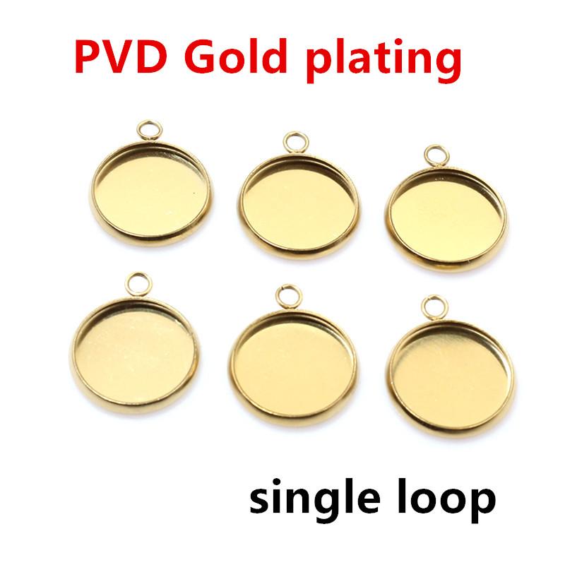 New 20pcs 12mm Inner Size Stainless Steel Gold Plated Single/Double Loop Style Cabochon Base Cameo Setting Charms Pendant Tray