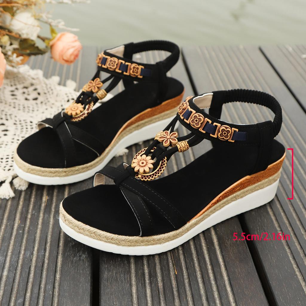 Fashion Wedge Sandals for Woman Summer Fashion Black Round Head Flower Decoration Comfortable Beach Shoes