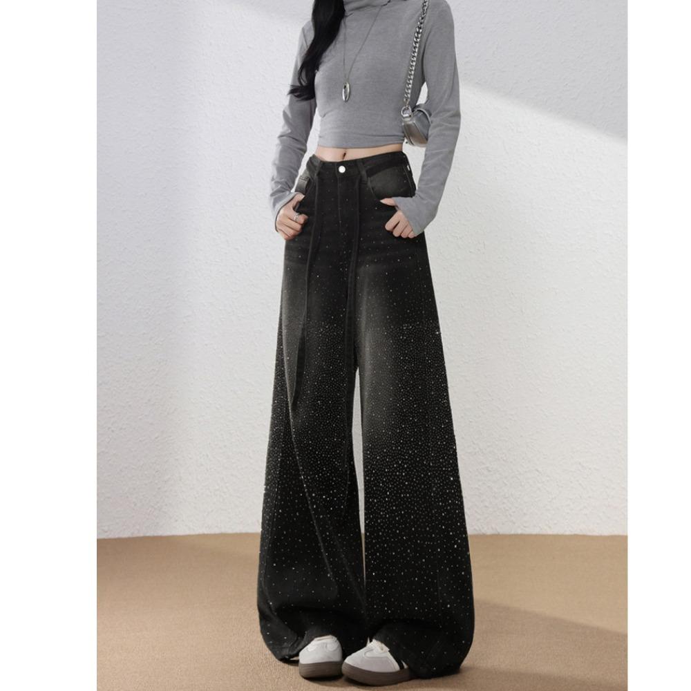 Damen Jeans mit Hoher Taille Weiter Beine Lockerer Schnitt Kordelzug Farbverlauf Strasssteine Schwarz Grau Denim Hose