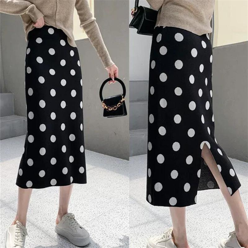 Women's Polka Dot High-Waist Knit Skirt - Autumn/Winter Trendy Mid-Length Wool Split Design