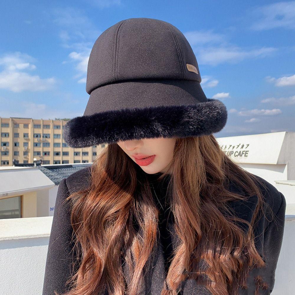 Windproof Fluffy Fur Bucket Hat Soft Warm Cap Cute Winter Fisherman Hat  Lady