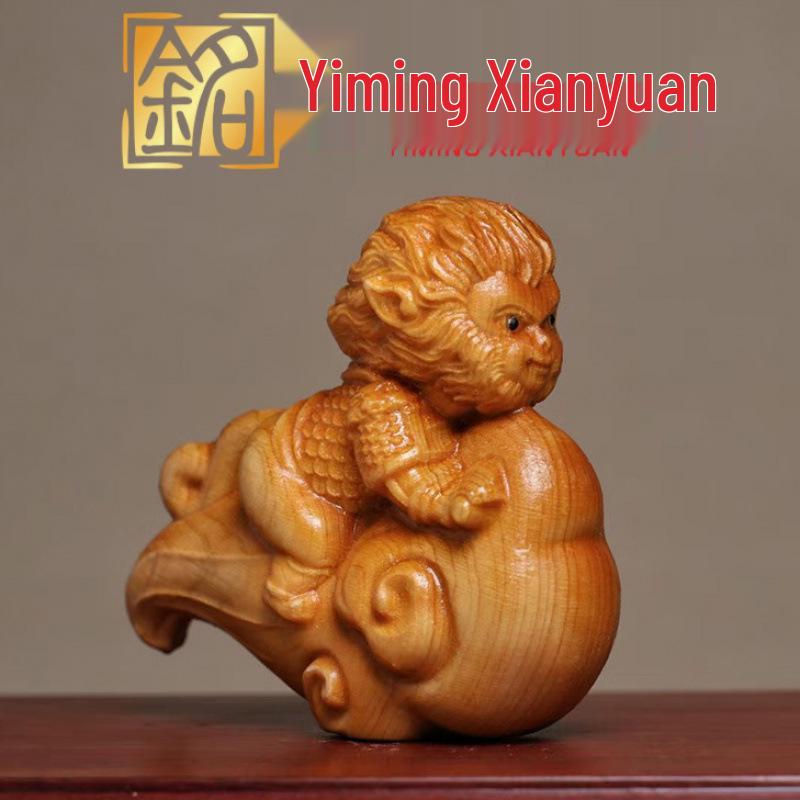Yi Ming Xian Yuan Cypress Wood Zodiac Monkey Carving - Cute Locomotive Model Ornament for Desktop 6.5×6 cm