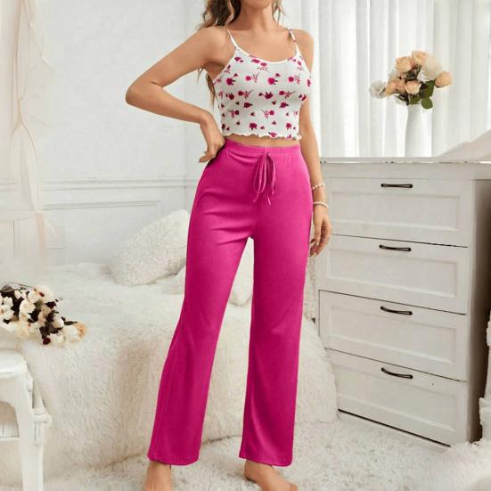 Damen Zweiteiliger Pyjama Set Ärmelloses Cami Crop Top Weitbein Hose Set Sommer Casual