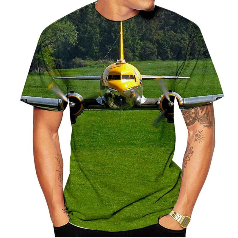 Summer new men's T-shirt 3D printed short sleeved airplane pattern fashion trend round neck