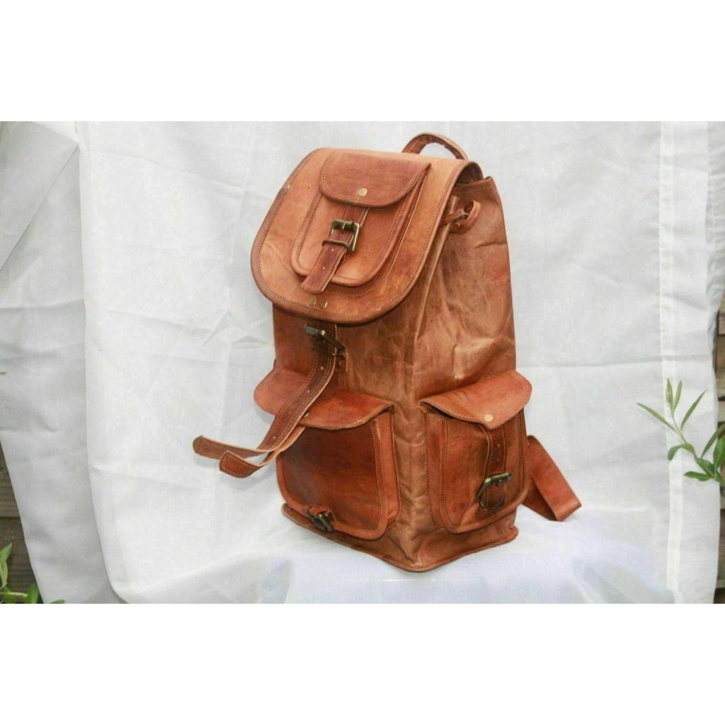 Leather Large Men's Vintage Backpack Travel Rucksack Laptop Gym Bag Genuine Goat