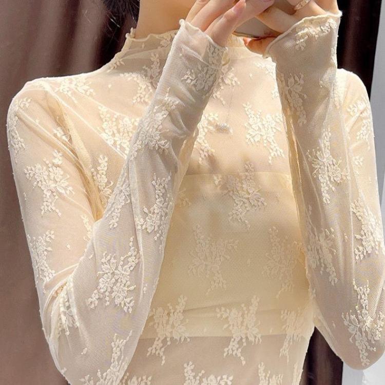 T-shirt in Rete Trasparente da Donna Manica Lunga Collo Alto Top Trasparenti Pizzo Crop Slim da Donna T-shirt in Seta